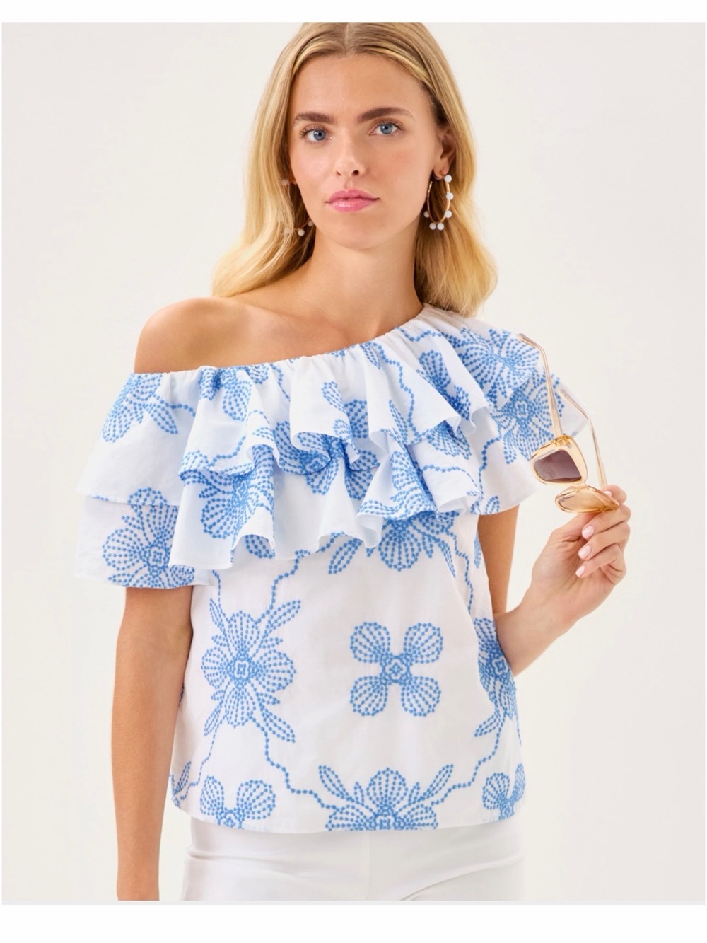 NWT Lilly Pulitzer One Shoulder Ruffle Embroidered Floral Top White/Blue S - Picture 2 of 5